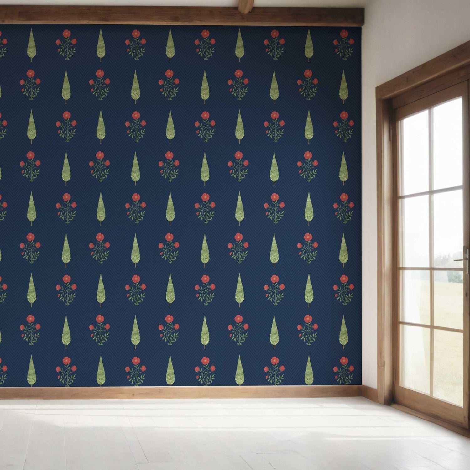 Botanical/ Floral Block Print Bedroom Wallpaper (Navy Blue/ Red/ Green)