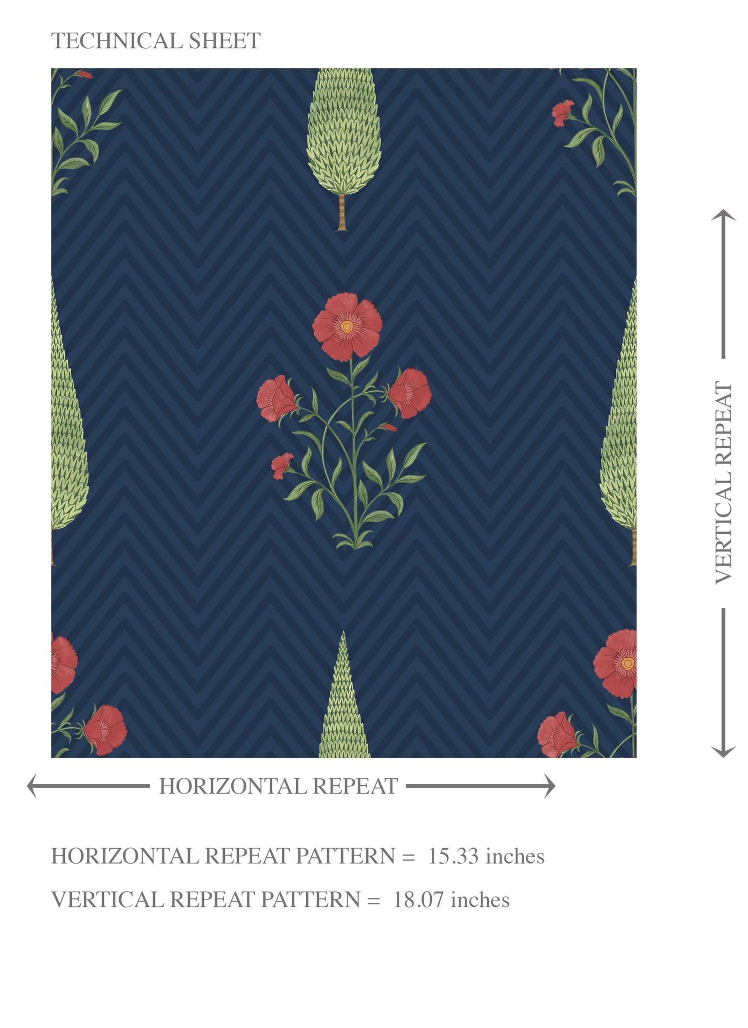 Botanical/ Floral Block Print Kids Room Wallpaper (Navy Blue/ Red/ Green)