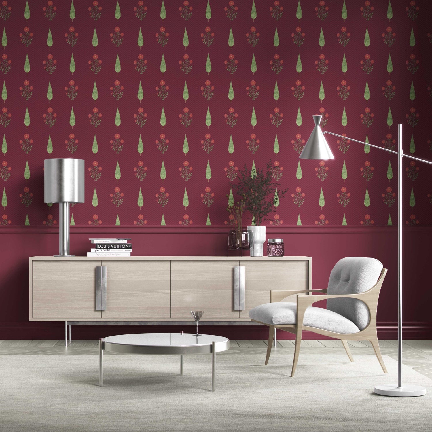 Botanical/ Floral Block Print Kitchen Wallpaper (Red/ Maroon/ Green)