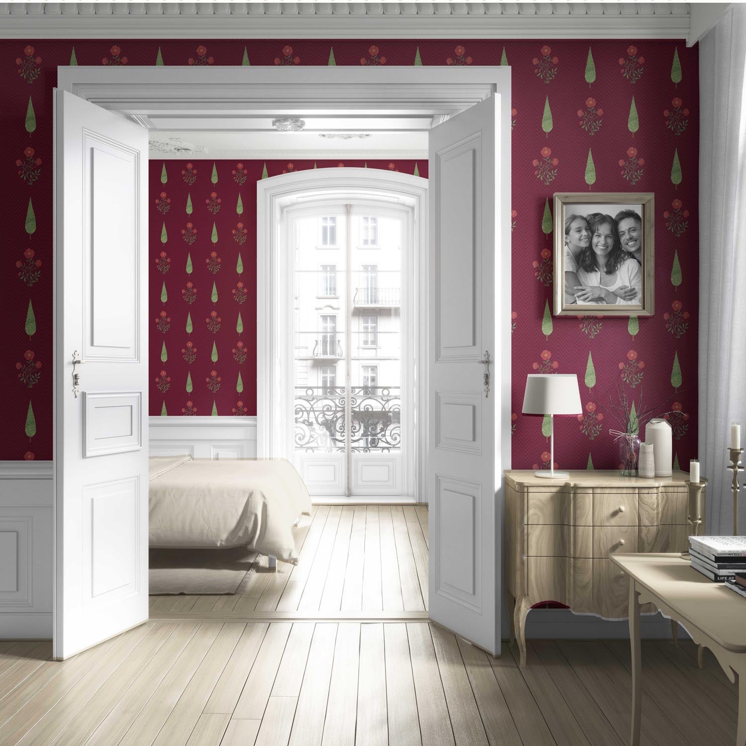 Botanical/ Floral Block Print Living Room Wallpaper (Red/ Maroon/ Green)
