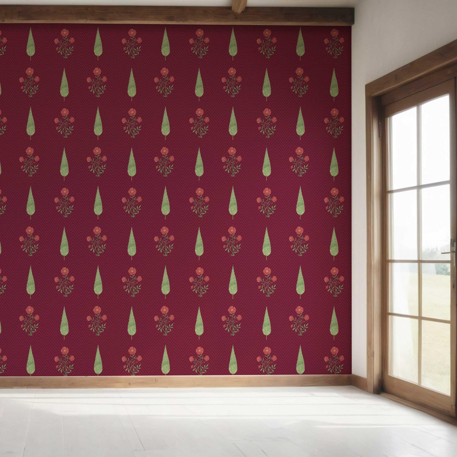 Botanical/ Floral Block Print Bedroom Wallpaper (Red/ Maroon/ Green)