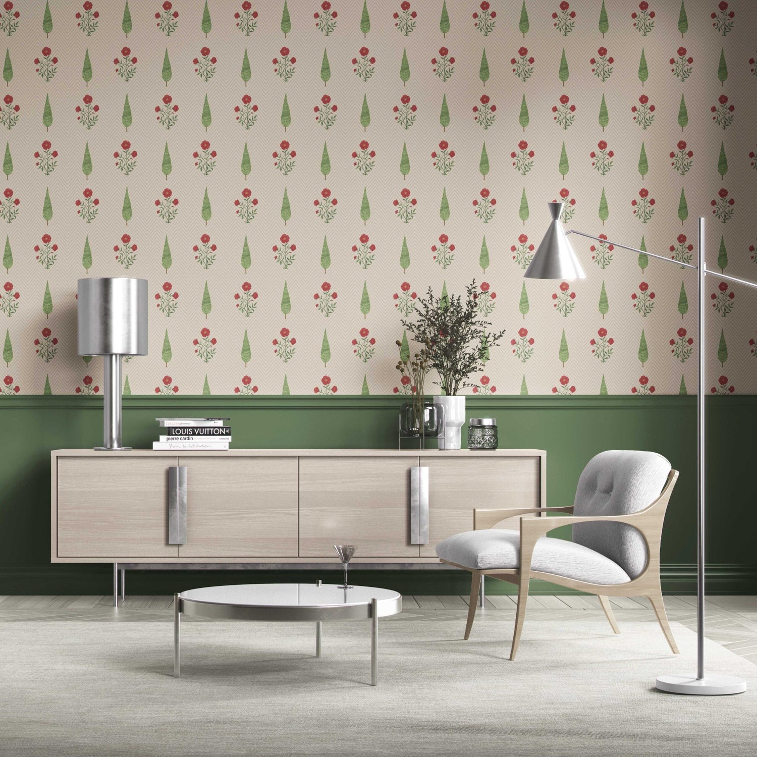 Botanical/ Floral Block Print Kitchen Wallpaper (Beige/ Red/ Green)