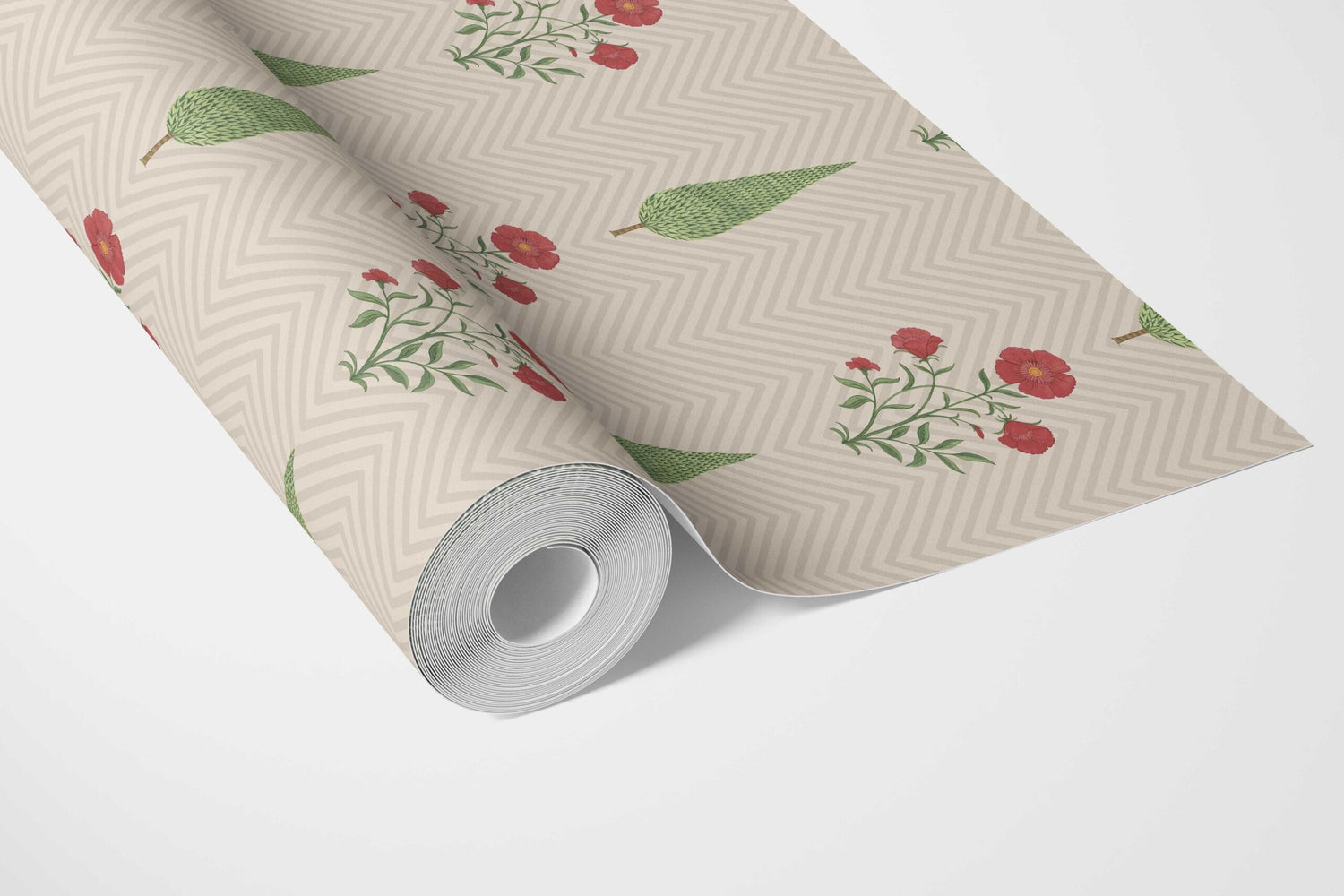 Botanical/ Floral Block Print Bathroom Wallpaper (Beige/ Red/ Green)