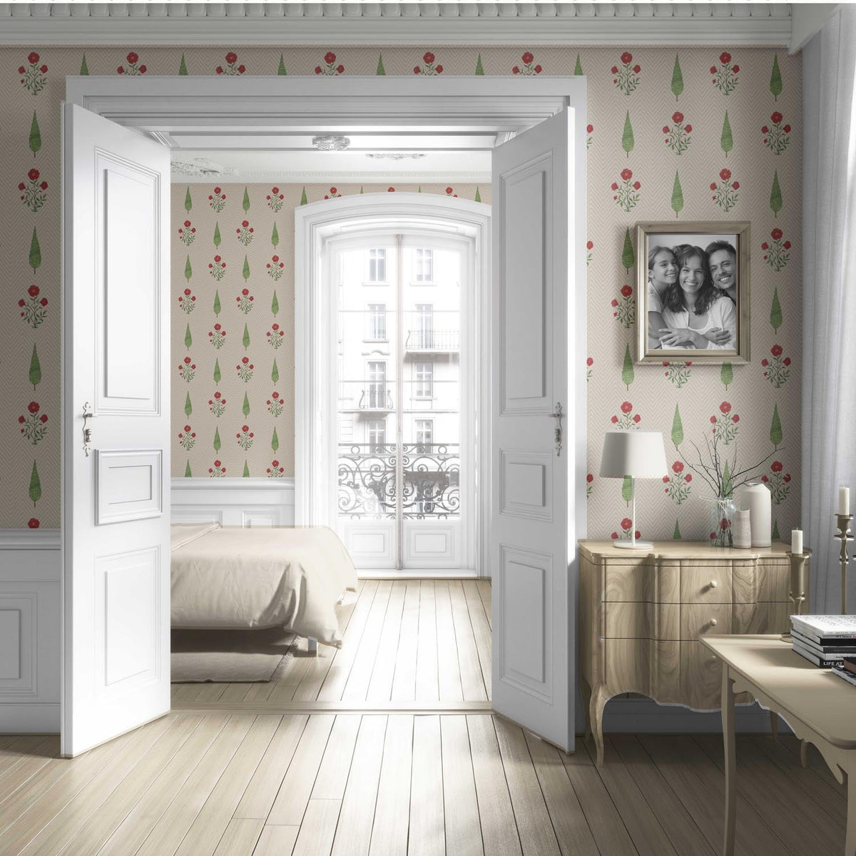 Botanical/ Floral Block Print Living Room Wallpaper (Beige/ Red/ Green)