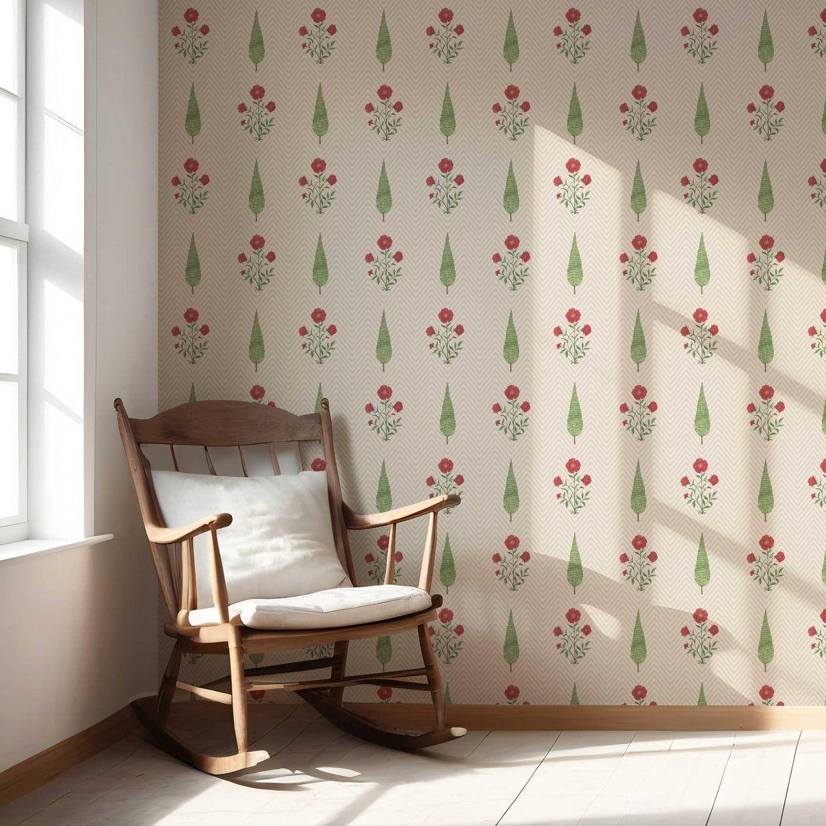 Botanical/ Floral Block Print Nursery Wallpaper (Beige/ Red/ Green)
