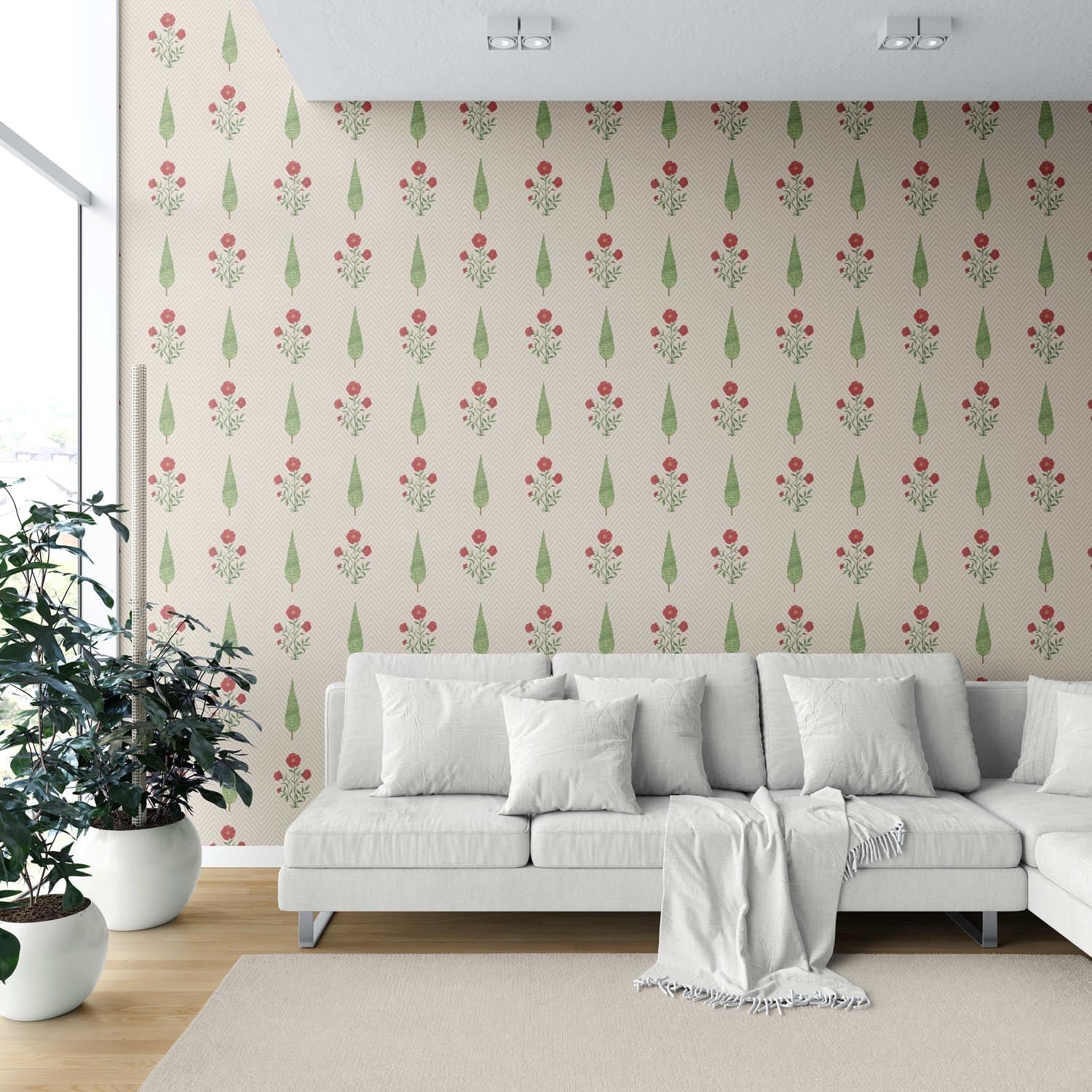 Botanical/ Floral Block Print Shower Toilet Wallpaper (Beige/ Red/ Green)