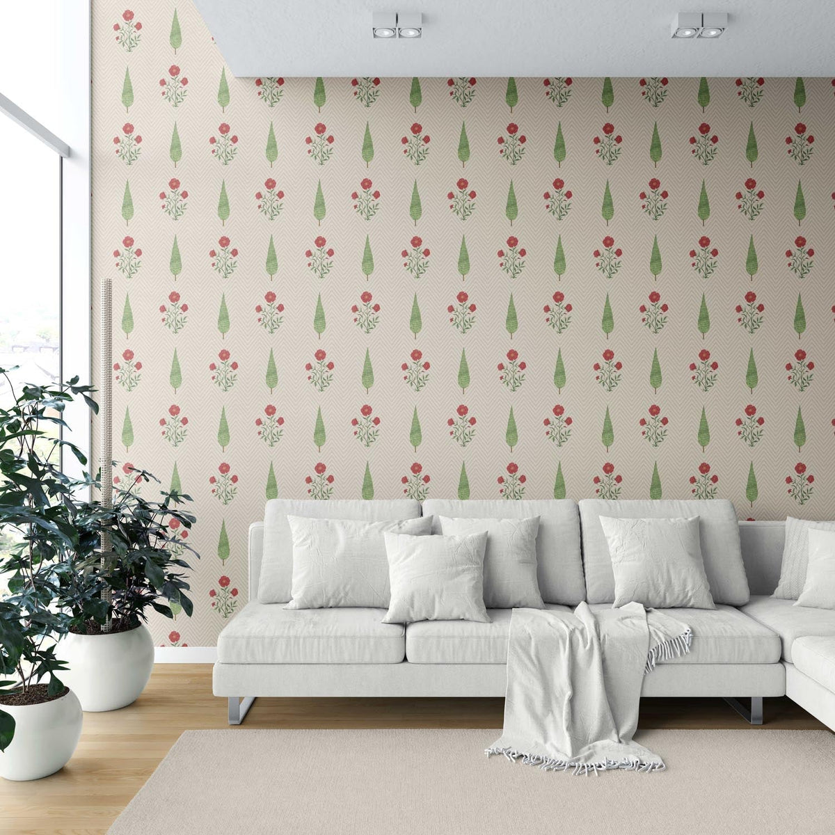 Botanical/ Floral Block Print Shower Toilet Wallpaper (Beige/ Red/ Green)