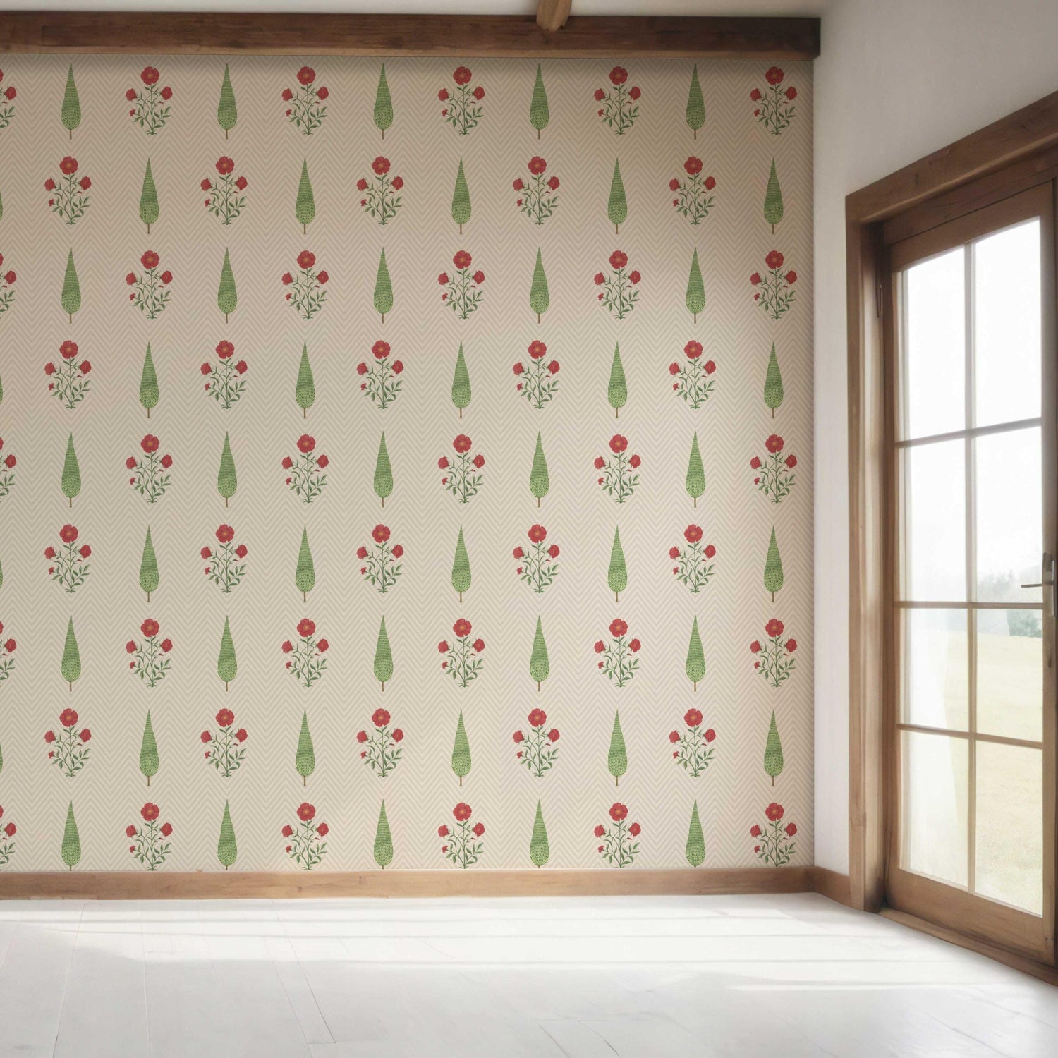 Botanical/ Floral Block Print Bedroom Wallpaper (Beige/ Red/ Green)