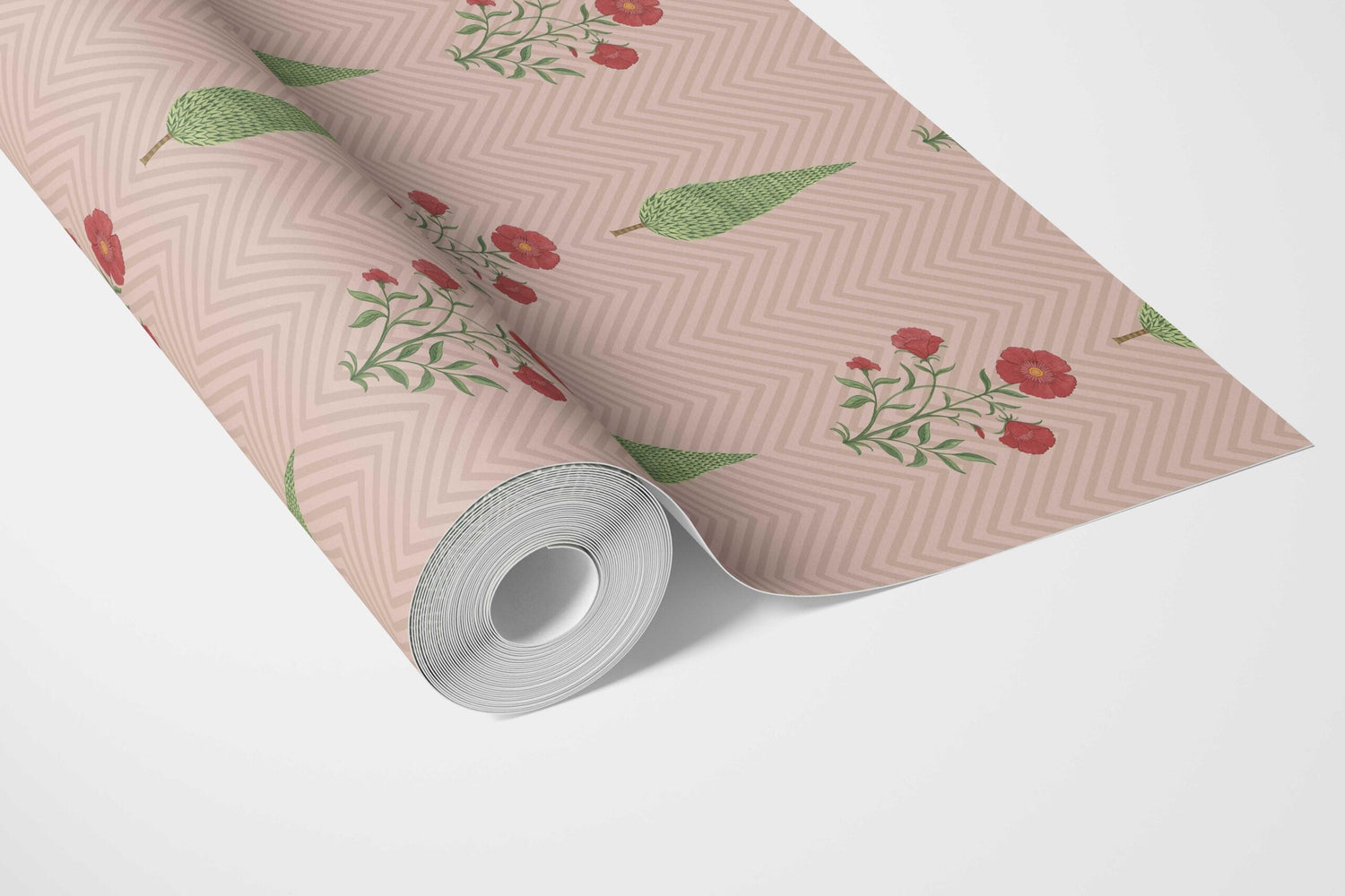 Botanical/ Floral Block Print Bathroom Wallpaper (Pink/ Red/ Green)
