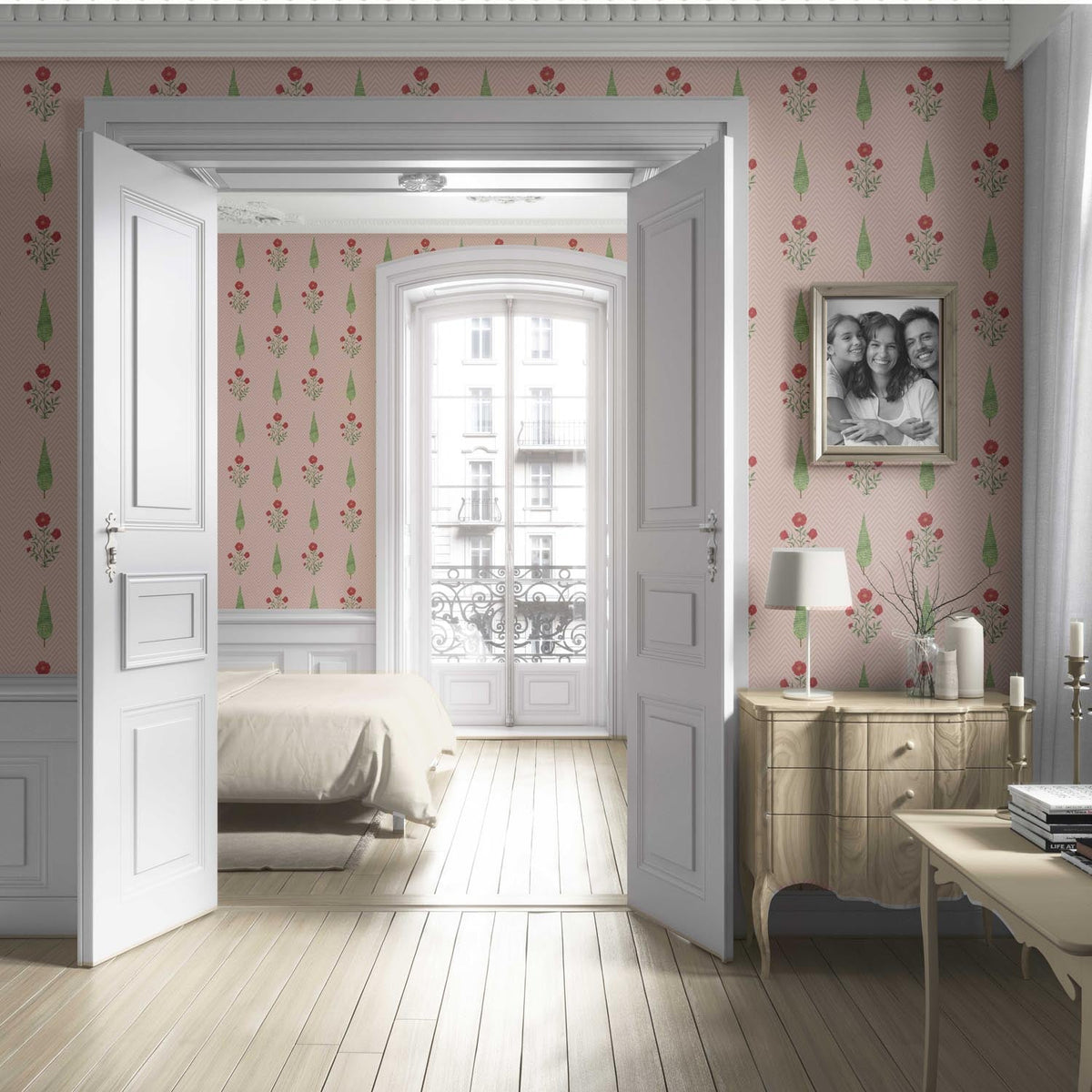 Botanical/ Floral Block Print Living Room Wallpaper (Pink/ Red/ Green)