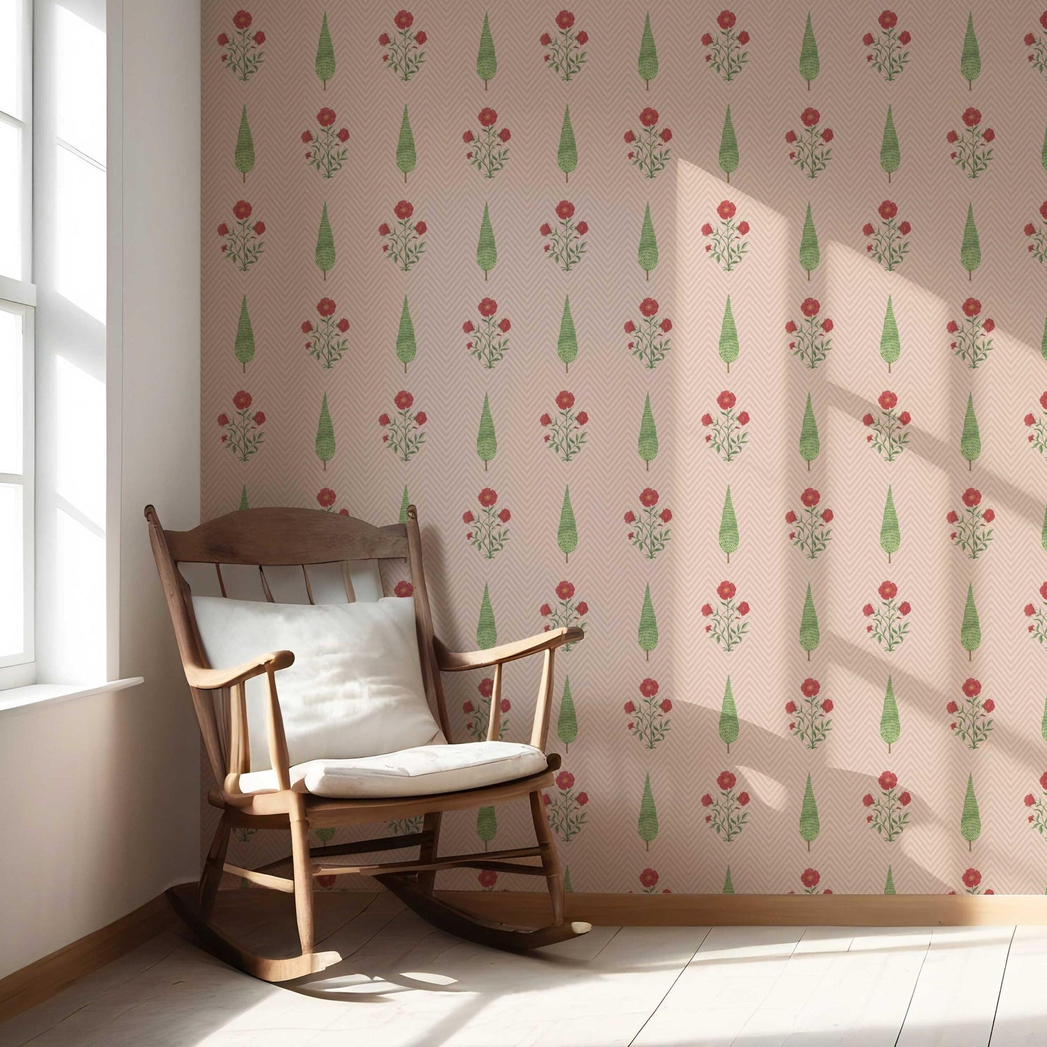 Botanical/ Floral Block Print Nursery Wallpaper (Pink/ Red/ Green)