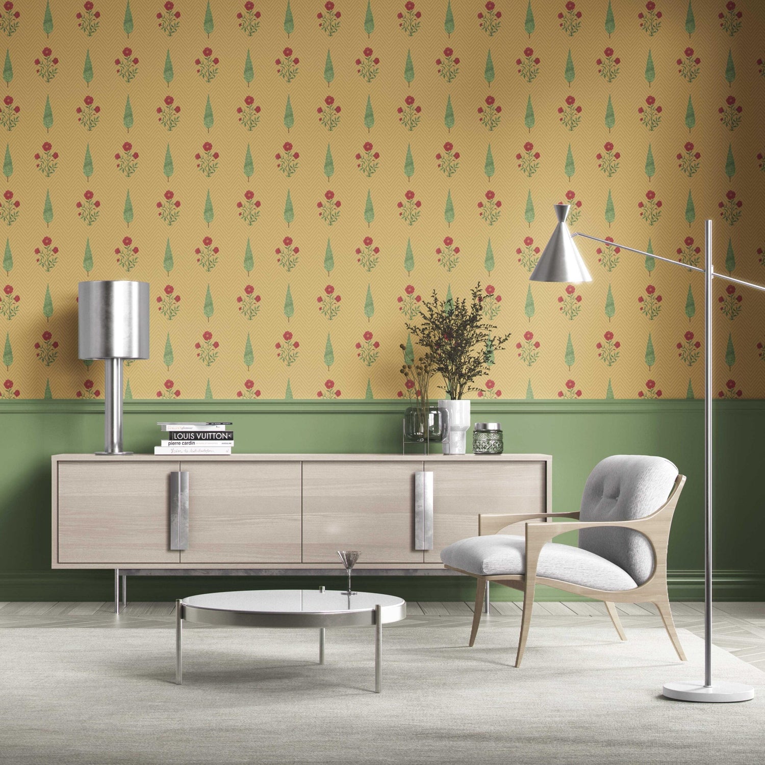 Botanical/ Floral Block Print Kitchen Wallpaper (Yellow/ Red/ Green)