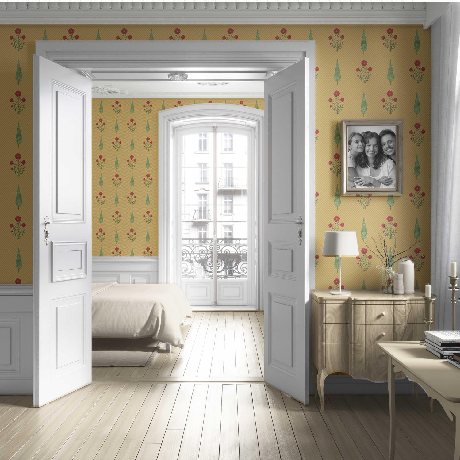 Botanical/ Floral Block Print Living Room Wallpaper (Yellow/ Red/ Green)