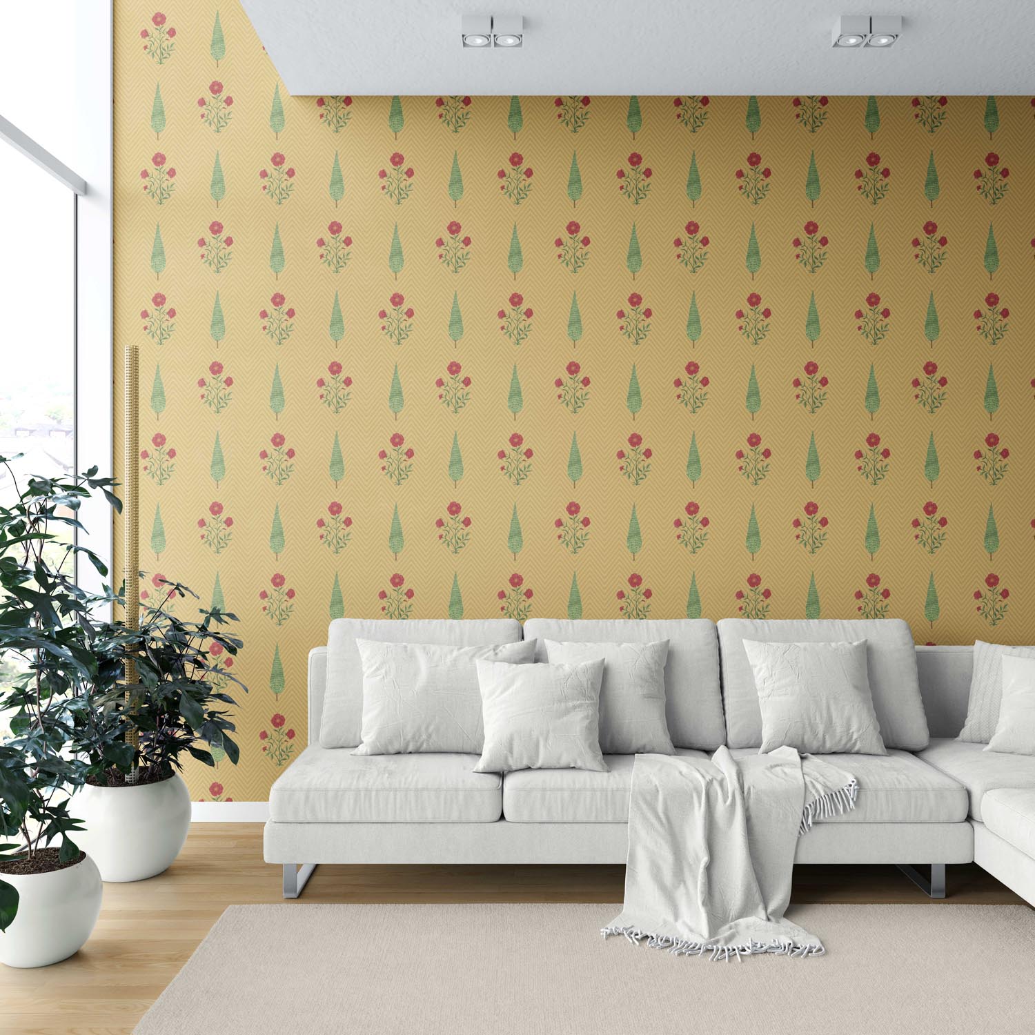Botanical/ Floral Block Print Shower Toilet Wallpaper (Yellow/ Red/ Green)