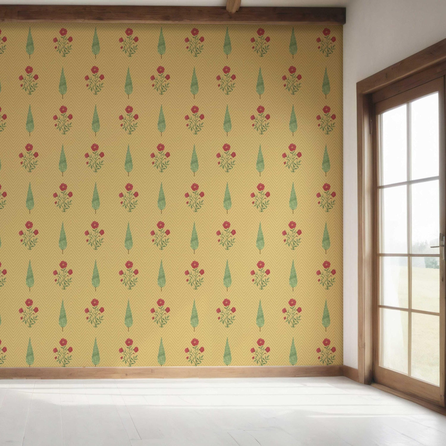 Botanical/ Floral Block Print Bedroom Wallpaper (Yellow/ Red/ Green)