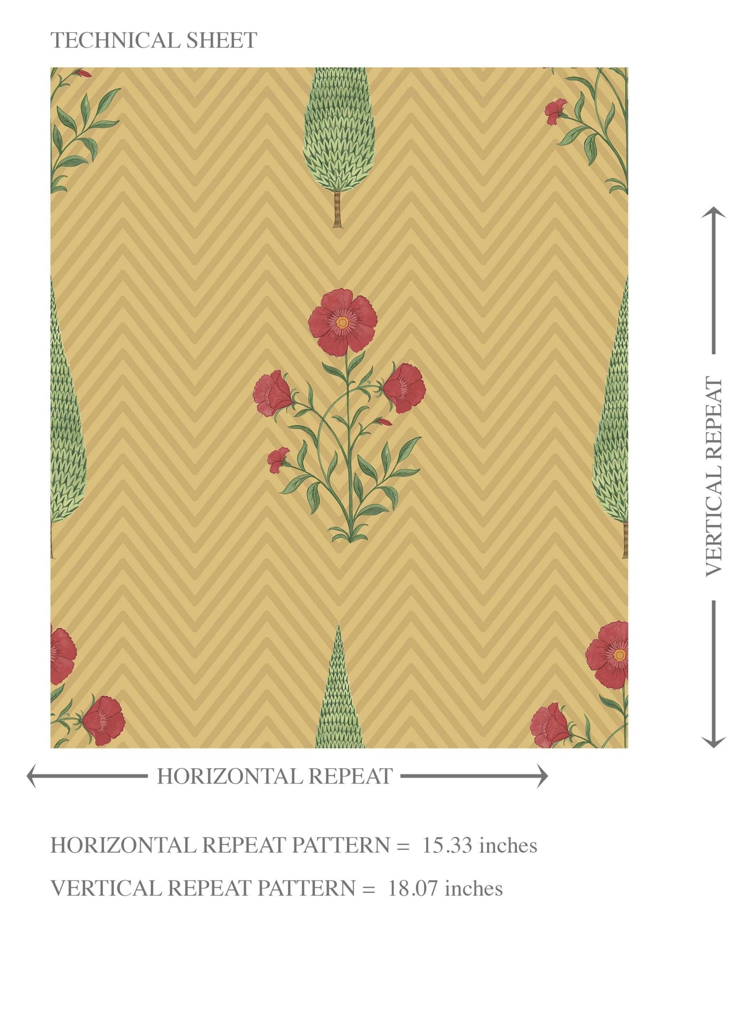 Botanical/ Floral Block Print Kids Room Wallpaper (Yellow/ Red/ Green)