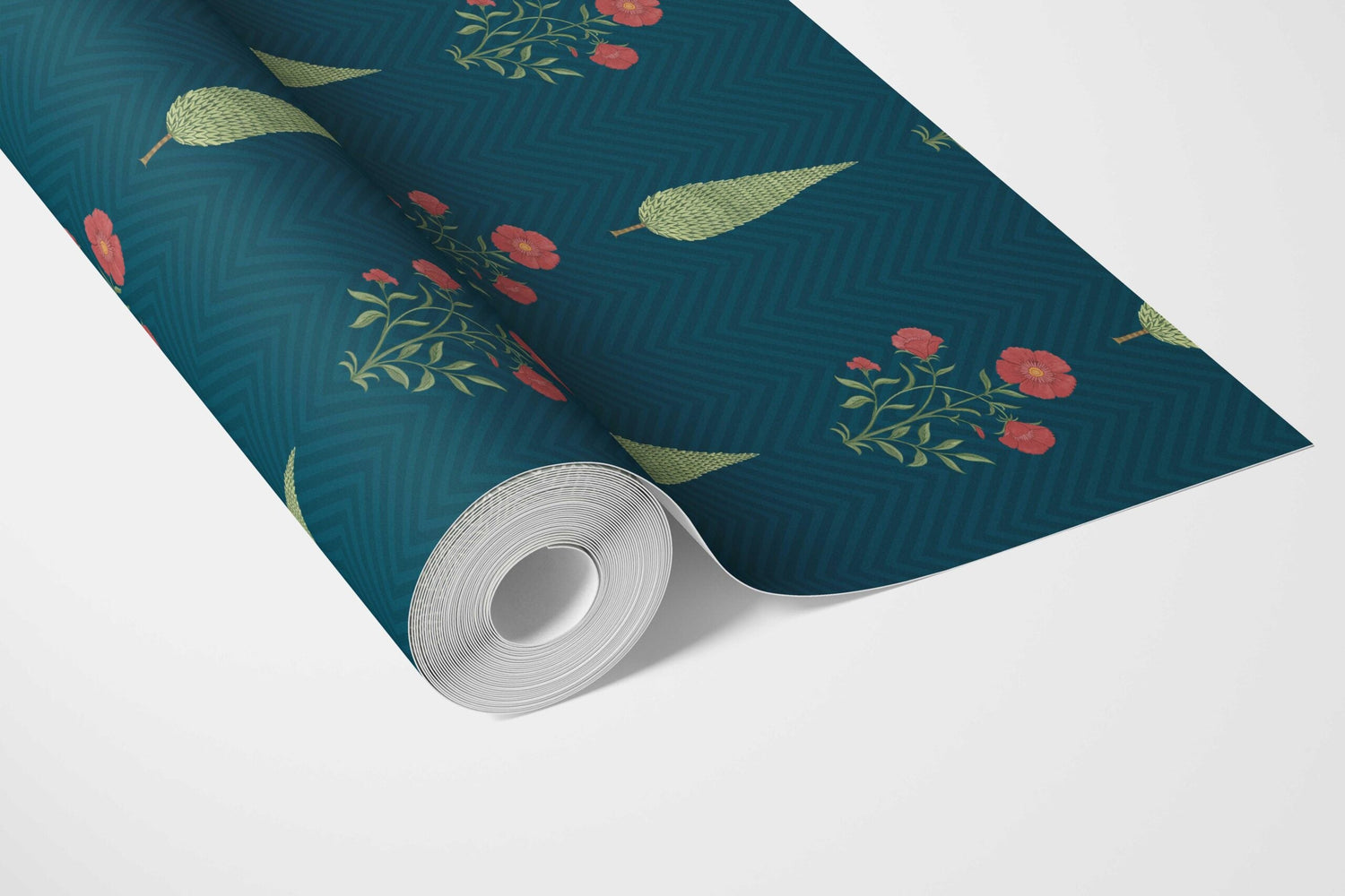 Botanical/ Floral Block Print Bathroom Wallpaper (Teal Blue/ Red/ Green)