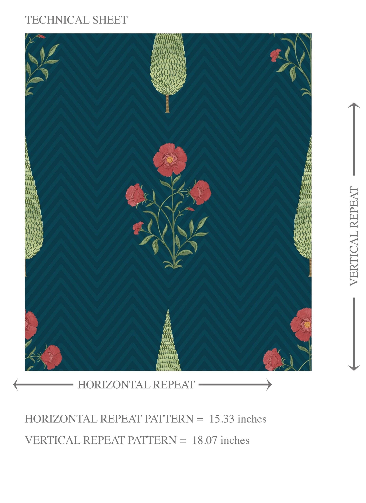 Botanical/ Floral Block Print Kids Room Wallpaper (Teal Blue/ Red/ Green)