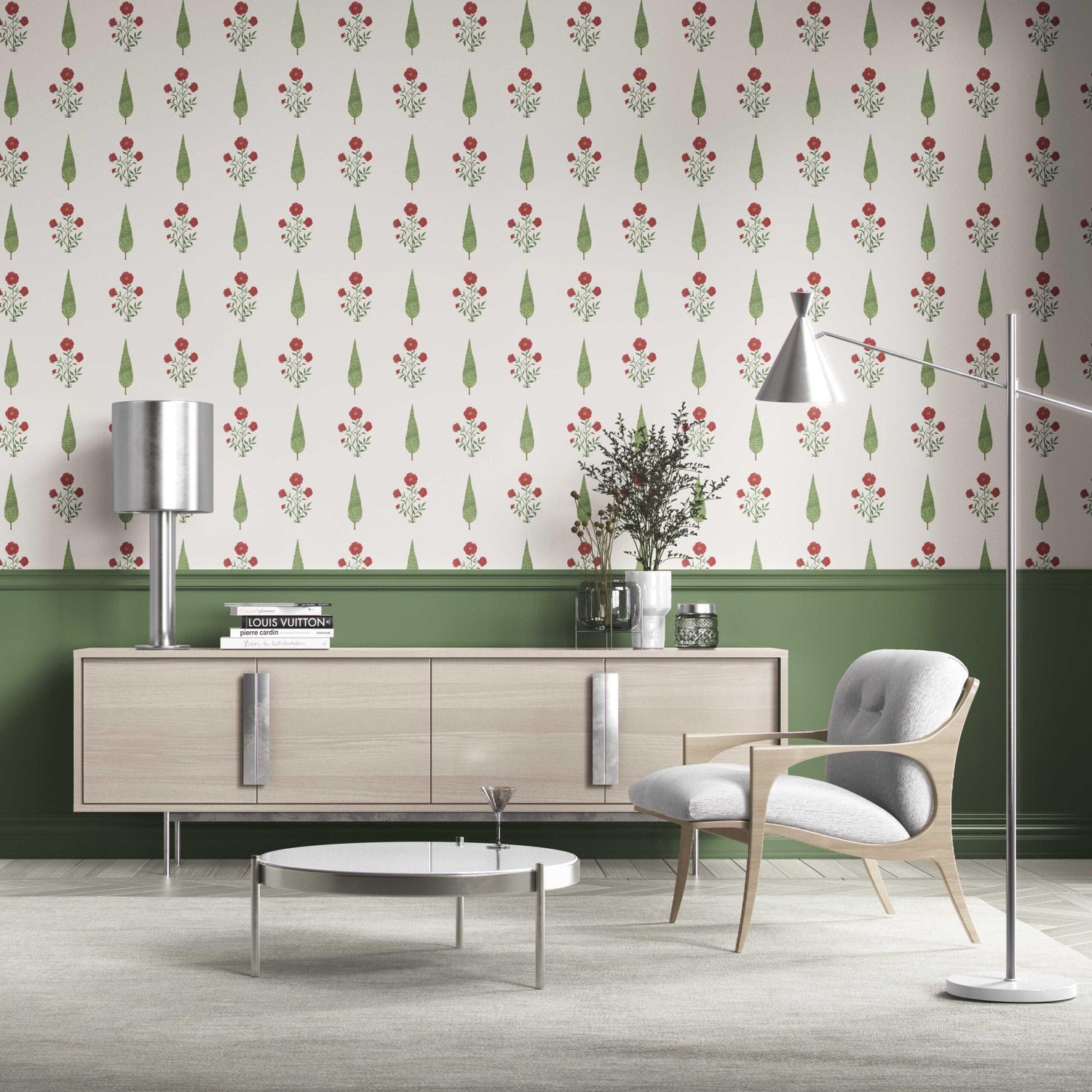 Botanical/ Floral Block Print Kitchen Wallpaper (White/ Red/ Green)
