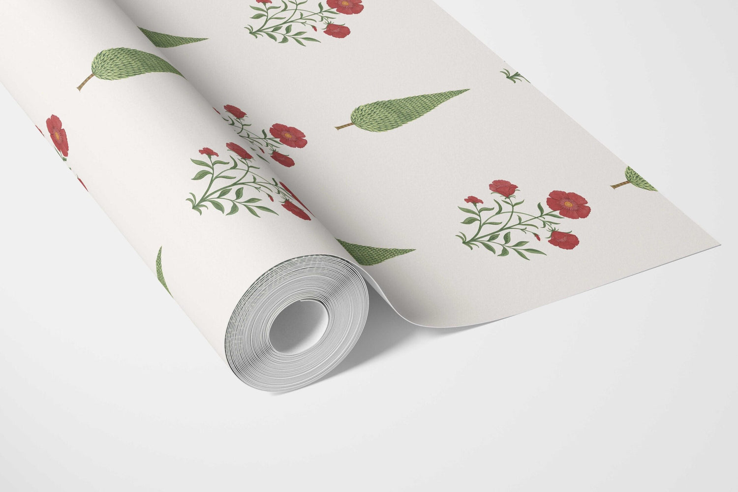 Botanical/ Floral Block Print Bathroom Wallpaper (White/ Red/ Green)