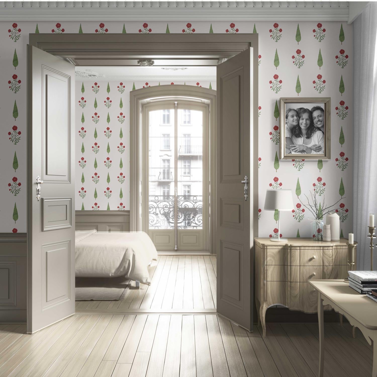Botanical/ Floral Block Print Living Room Wallpaper (White/ Red/ Green)