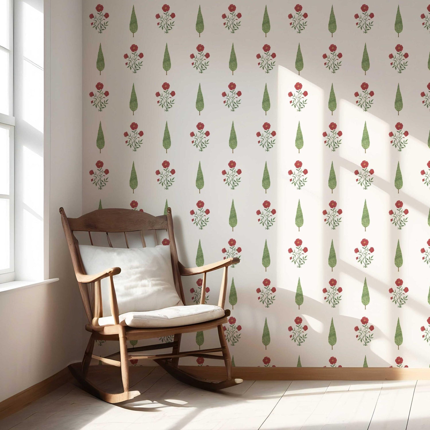 Botanical/ Floral Block Print Nursery Wallpaper (White/ Red/ Green)