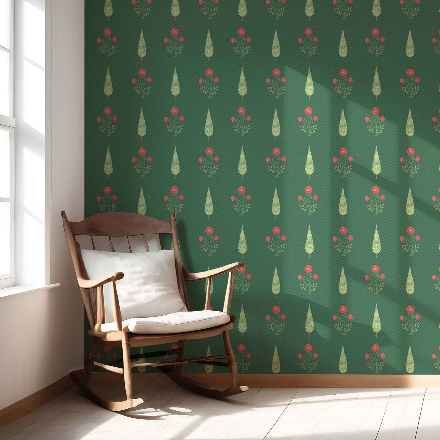 Botanical/ Floral Block Print Nursery Wallpaper (Emerald Green/ Red)