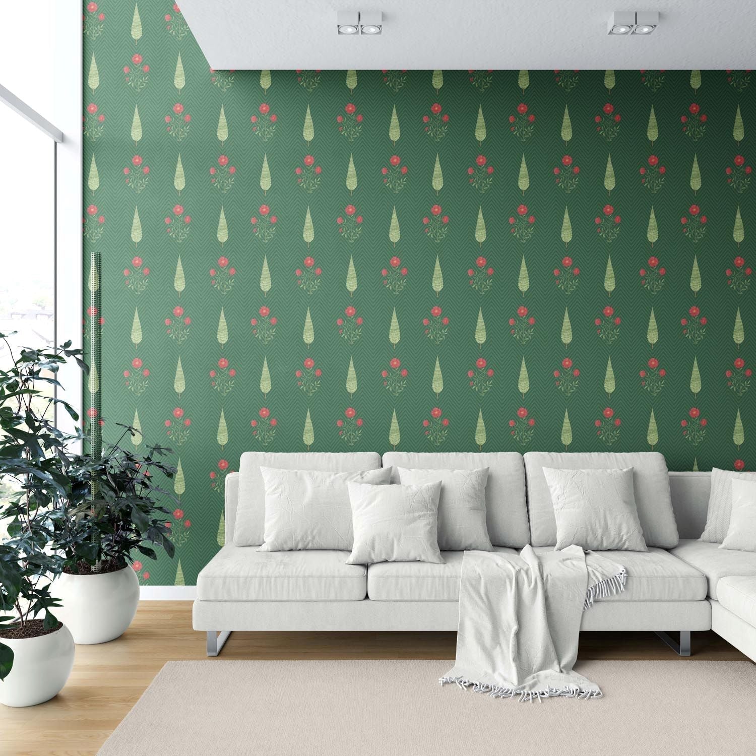 Botanical/ Floral Block Print Shower Toilet Wallpaper (Emerald Green/ Red)