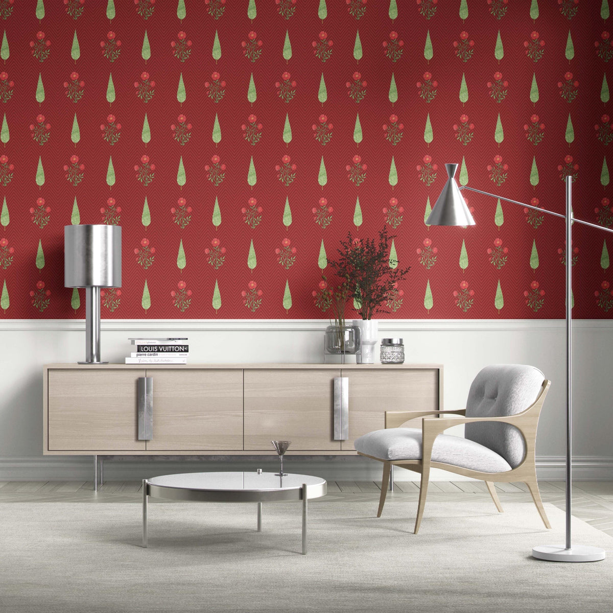 Botanical/ Floral Block Print Kitchen Wallpaper (Red/ Pink/ Green)