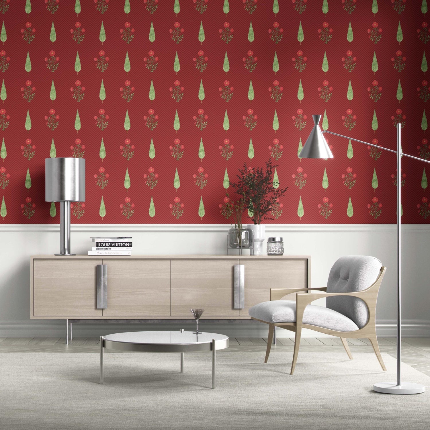 Botanical/ Floral Block Print Kitchen Wallpaper (Red/ Pink/ Green)