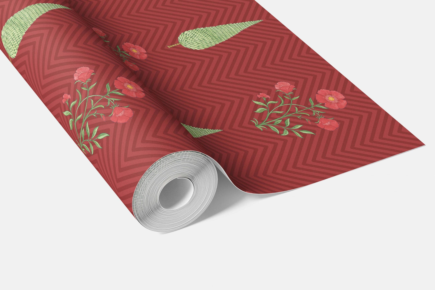 Botanical/ Floral Block Print Bathroom Wallpaper (Red/ Pink/ Green)