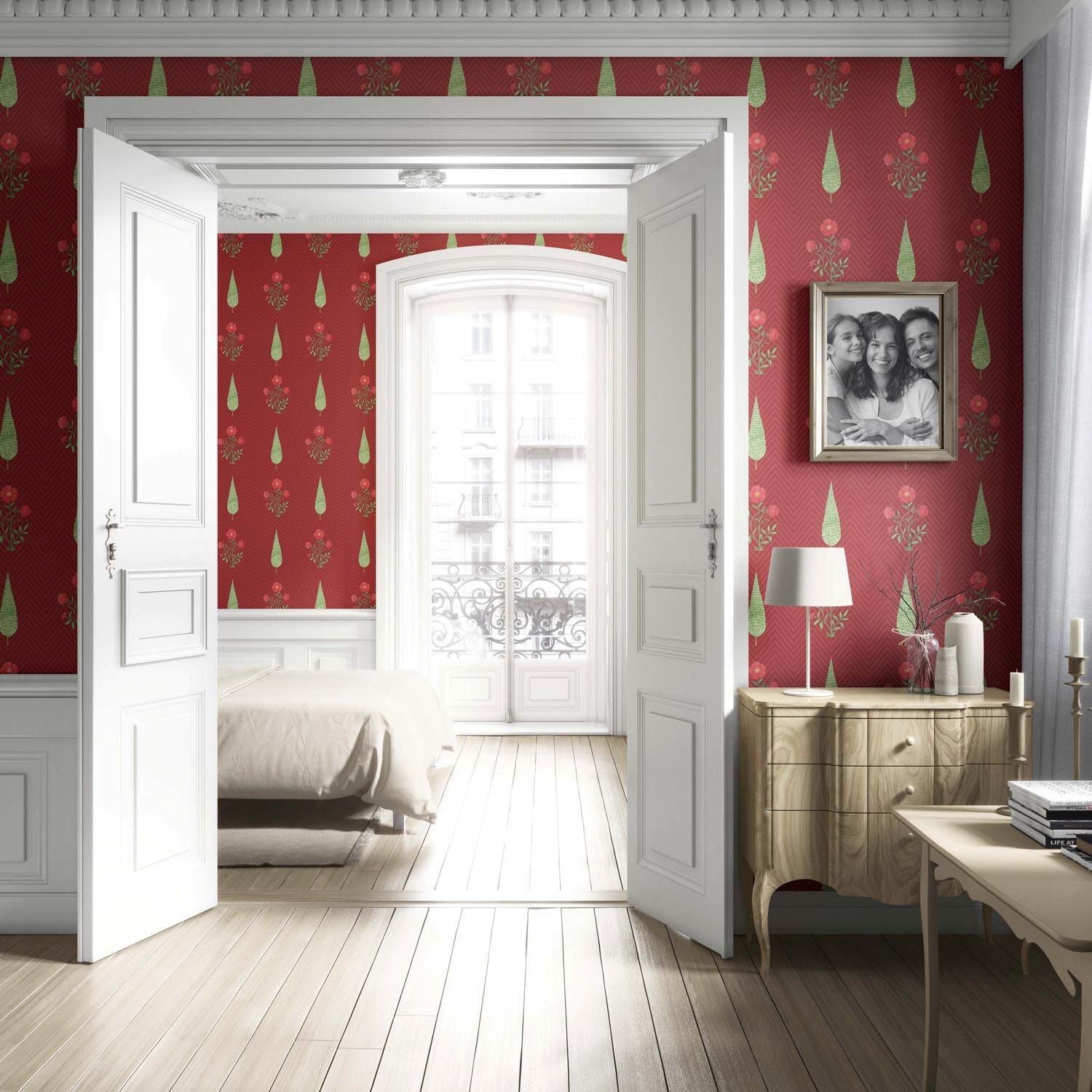 Botanical/ Floral Block Print Living Room Wallpaper (Red/ Pink/ Green)