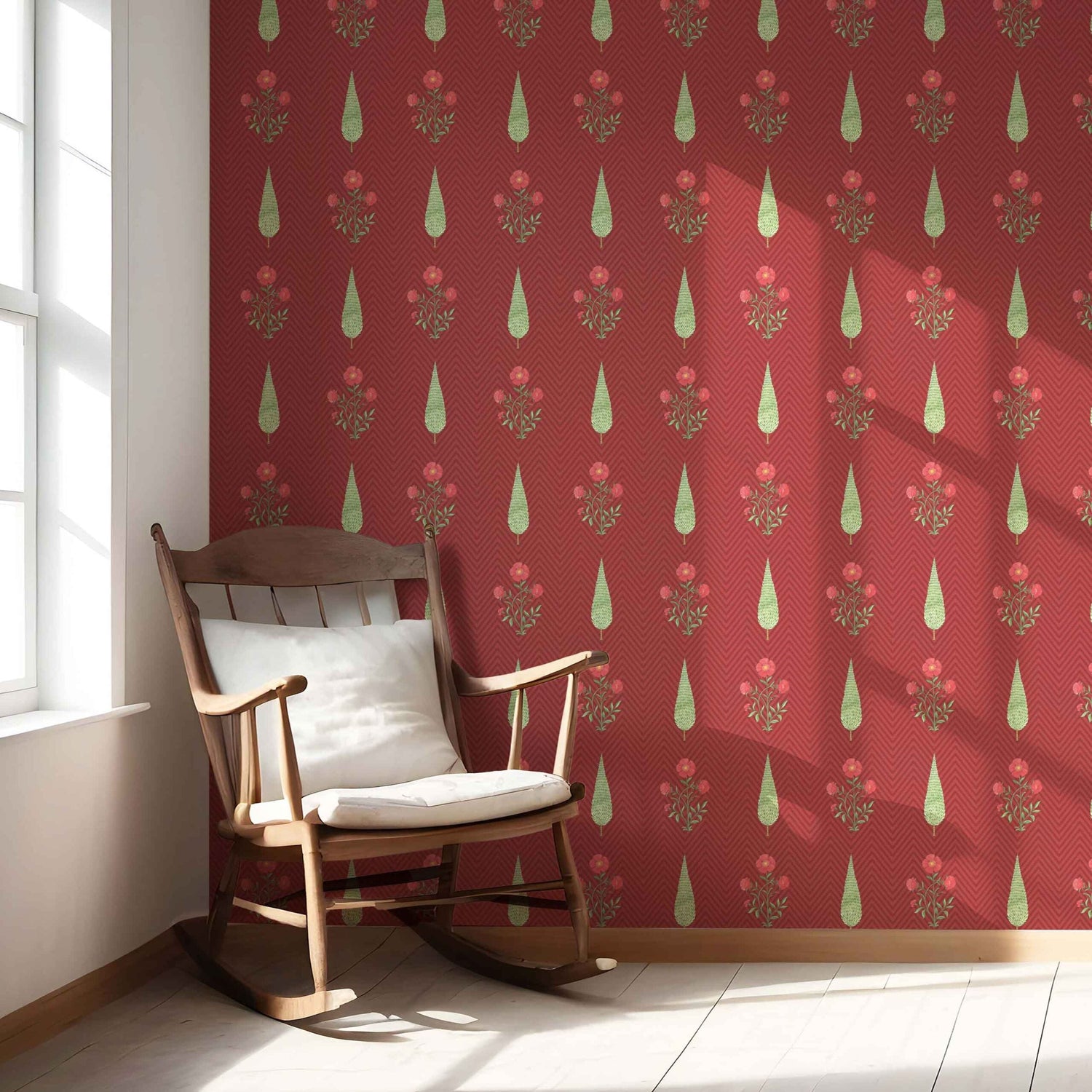 Botanical/ Floral Block Print Nursery Wallpaper (Red/ Pink/ Green)