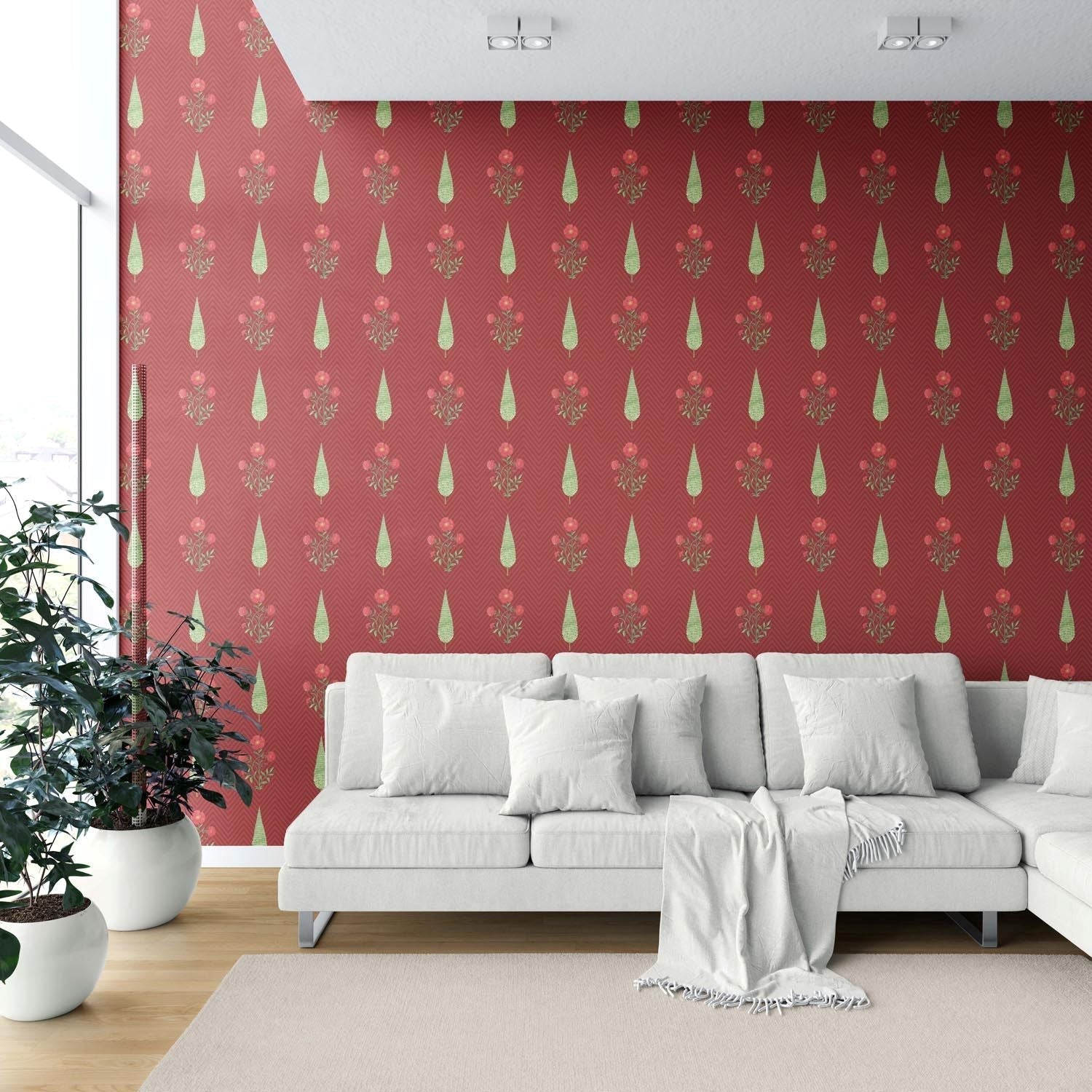 Botanical/ Floral Block Print Shower Toilet Wallpaper (Red/ Pink/ Green)