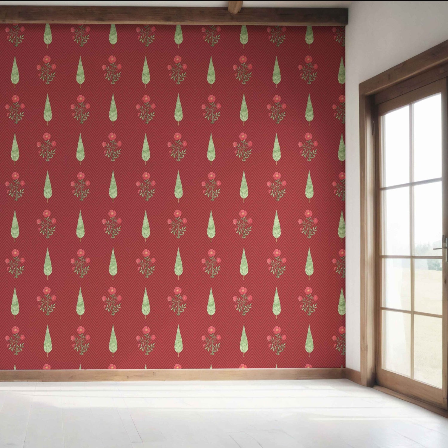 Botanical/ Floral Block Print Bedroom Wallpaper (Red/ Pink/ Green)