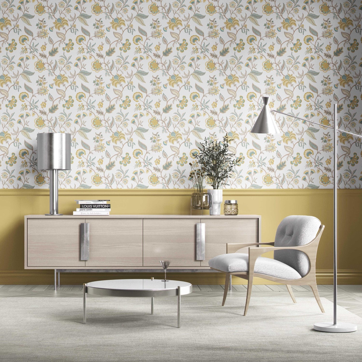 Botanical/ Floral Chinoiserie Kitchen Wallpaper (Yellow/ Blue/ Beige)