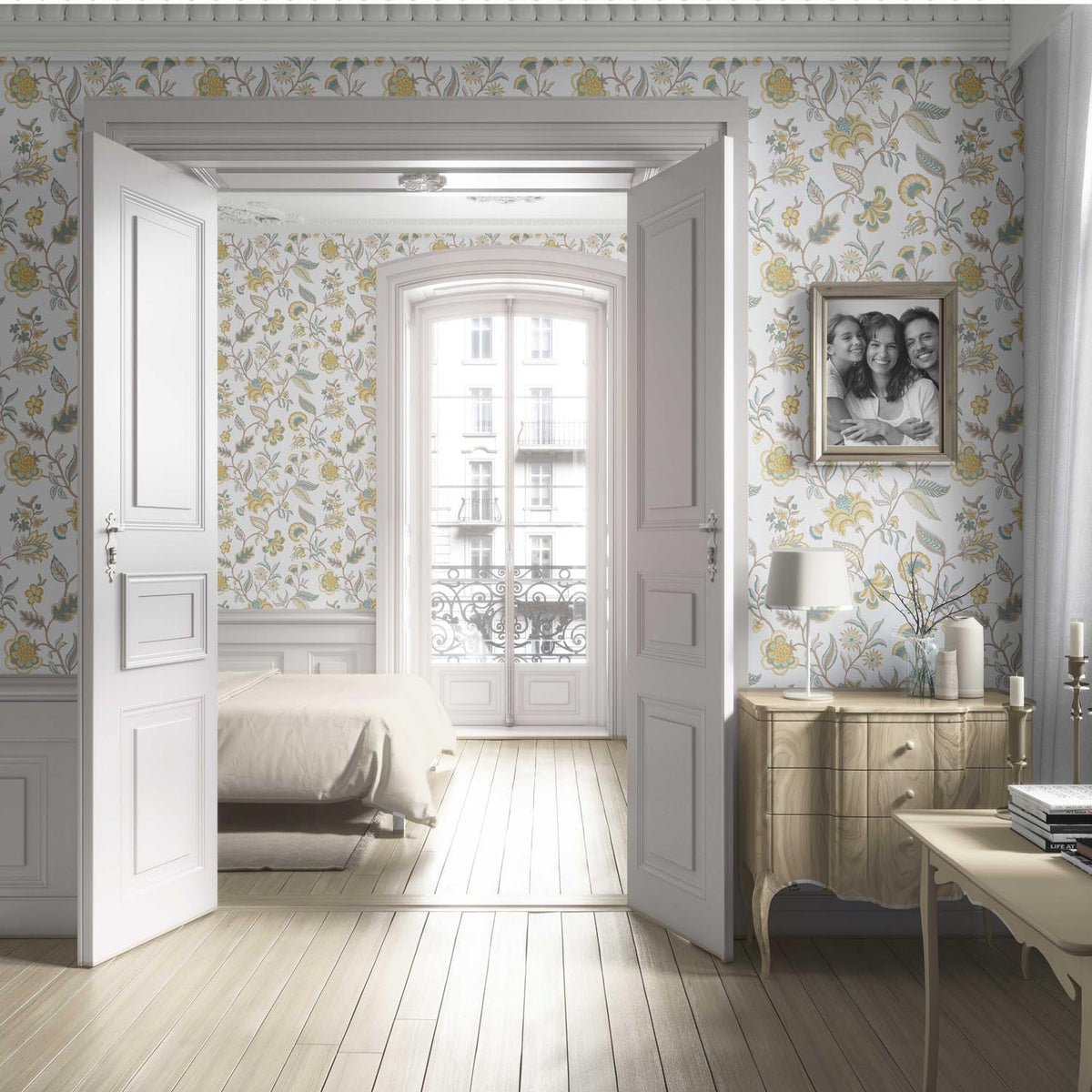 Botanical/ Floral Chinoiserie Living Room Wallpaper (Yellow/ Blue/ Beige)