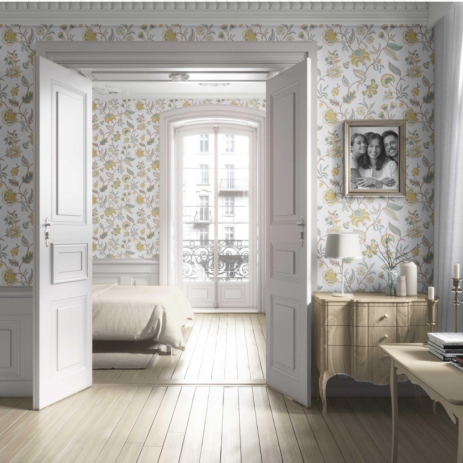 Botanical/ Floral Chinoiserie Living Room Wallpaper (Yellow/ Blue/ Beige)
