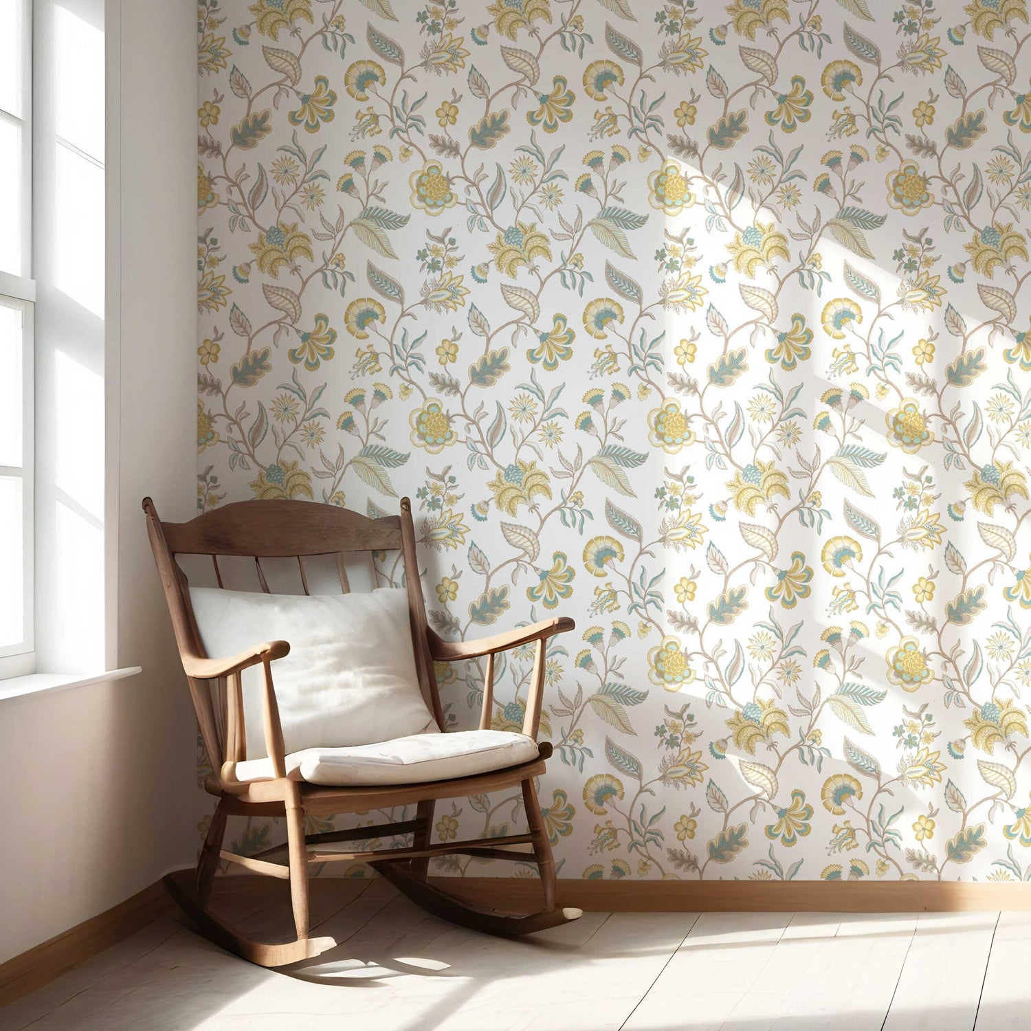 Botanical/ Floral Chinoiserie Nursery Wallpaper (Yellow/ Blue/ Beige)