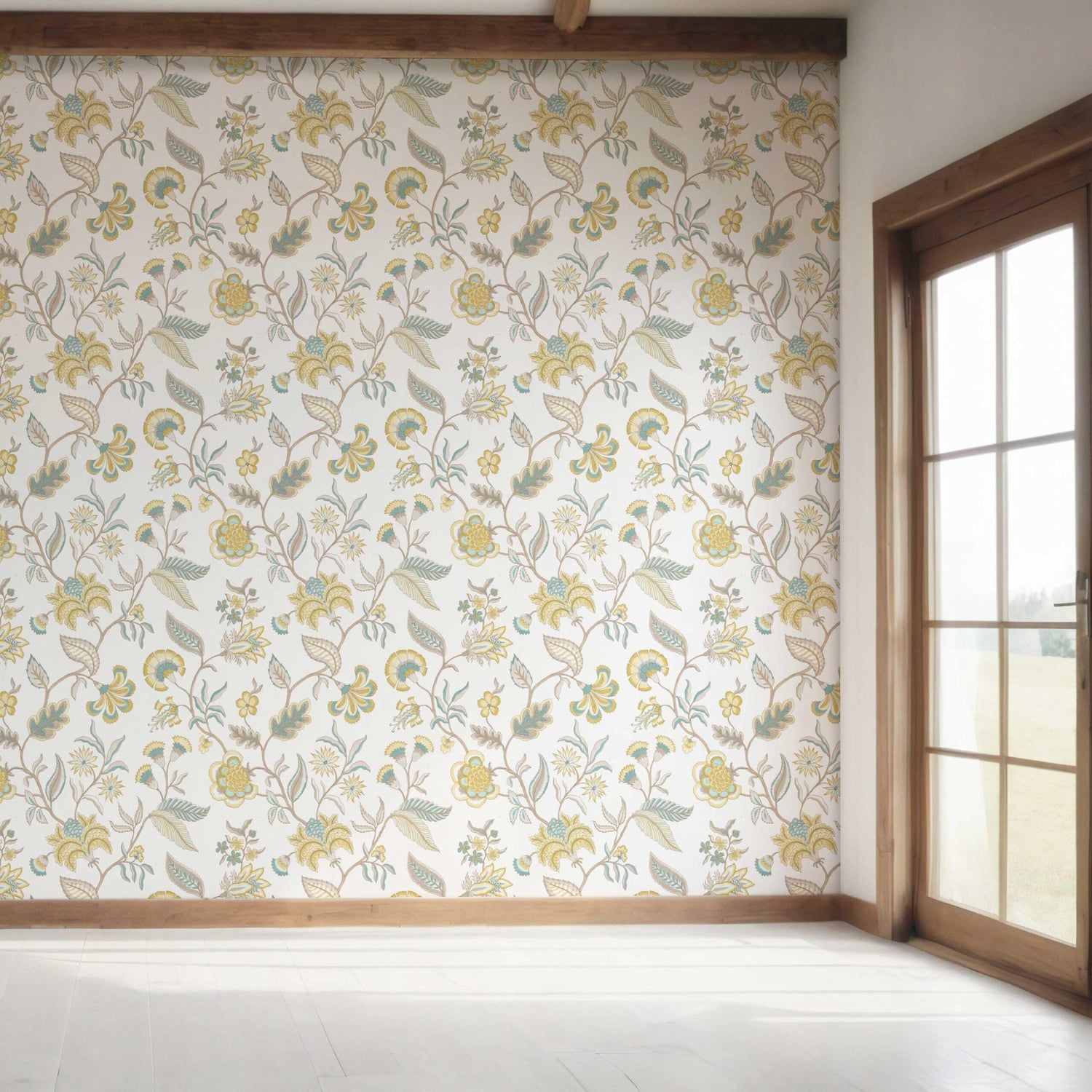 Botanical/ Floral Chinoiserie Bedroom Wallpaper (Yellow/ Blue/ Beige)