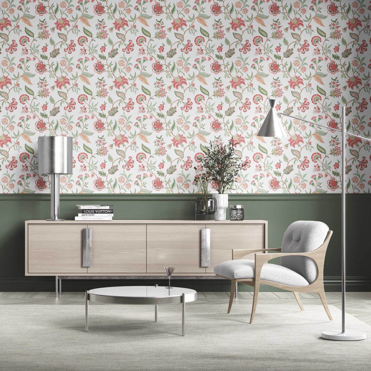 Botanical/ Floral Chinoiserie Kitchen Wallpaper (Red/ Pink/ Green/ Blue)