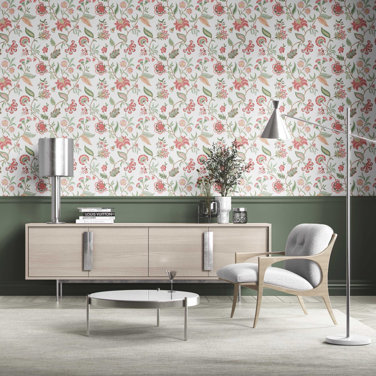 Botanical/ Floral Chinoiserie Kitchen Wallpaper (Red/ Pink/ Green/ Blue)