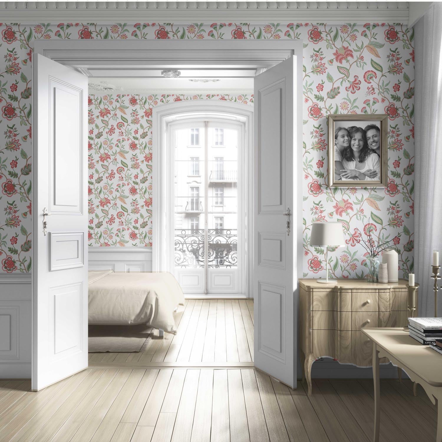 Botanical/ Floral Chinoiserie Living Room Wallpaper (Red/ Pink/ Green/ Blue)