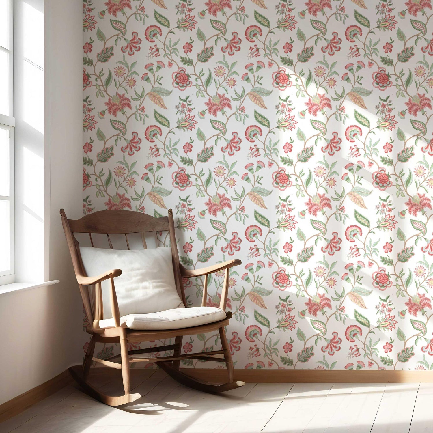 Botanical/ Floral Chinoiserie Nursery Wallpaper (Red/ Pink/ Green/ Blue)