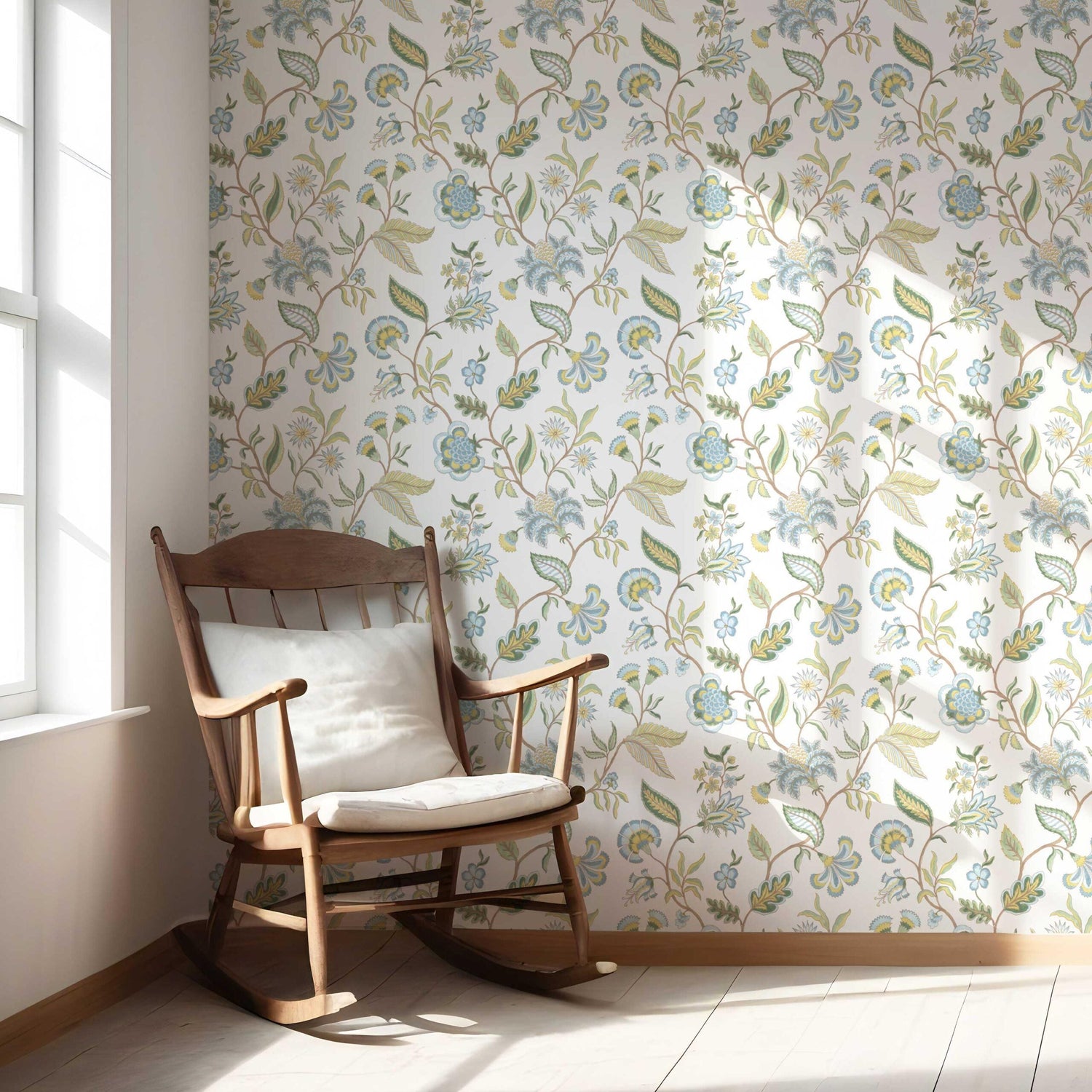 Botanical/ Floral Chinoiserie Nursery Wallpaper (Blue/ Green/ Yellow)