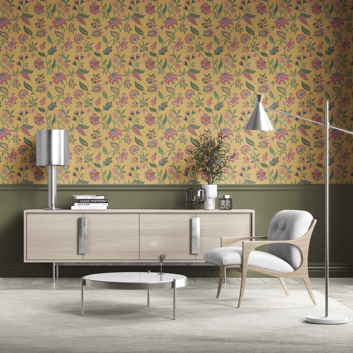 Botanical/ Floral Chinoiserie Kitchen Wallpaper (Mustard Yellow/ Pink/ Green/ Blue)