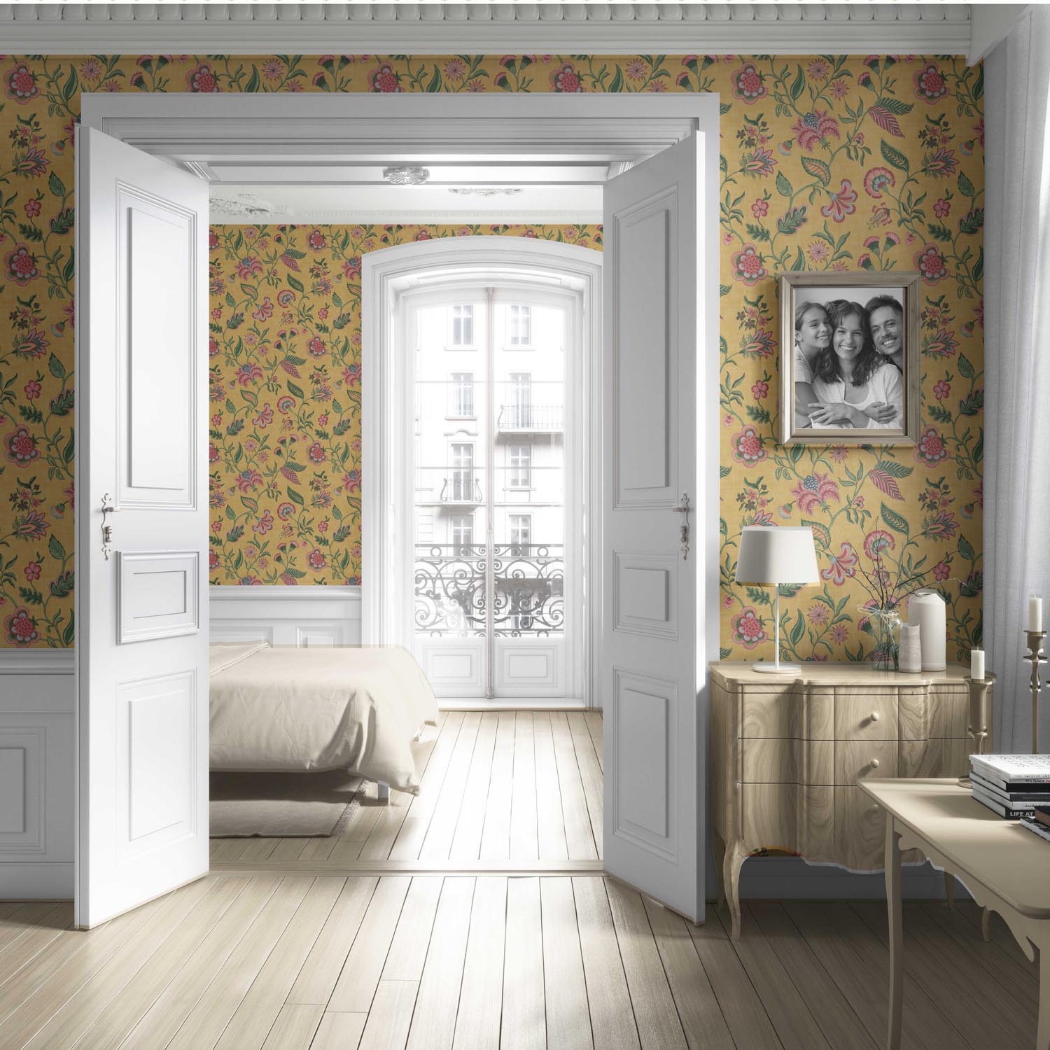 Botanical/ Floral Chinoiserie Living Room Wallpaper (Mustard Yellow/ Pink/ Green/ Blue)