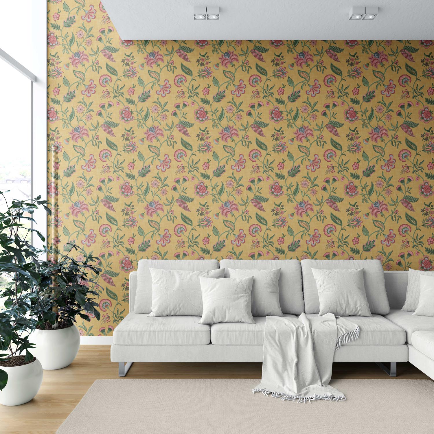 Botanical/ Floral Chinoiserie Shower Toilet Wallpaper (Mustard Yellow/ Pink/ Green/ Blue)