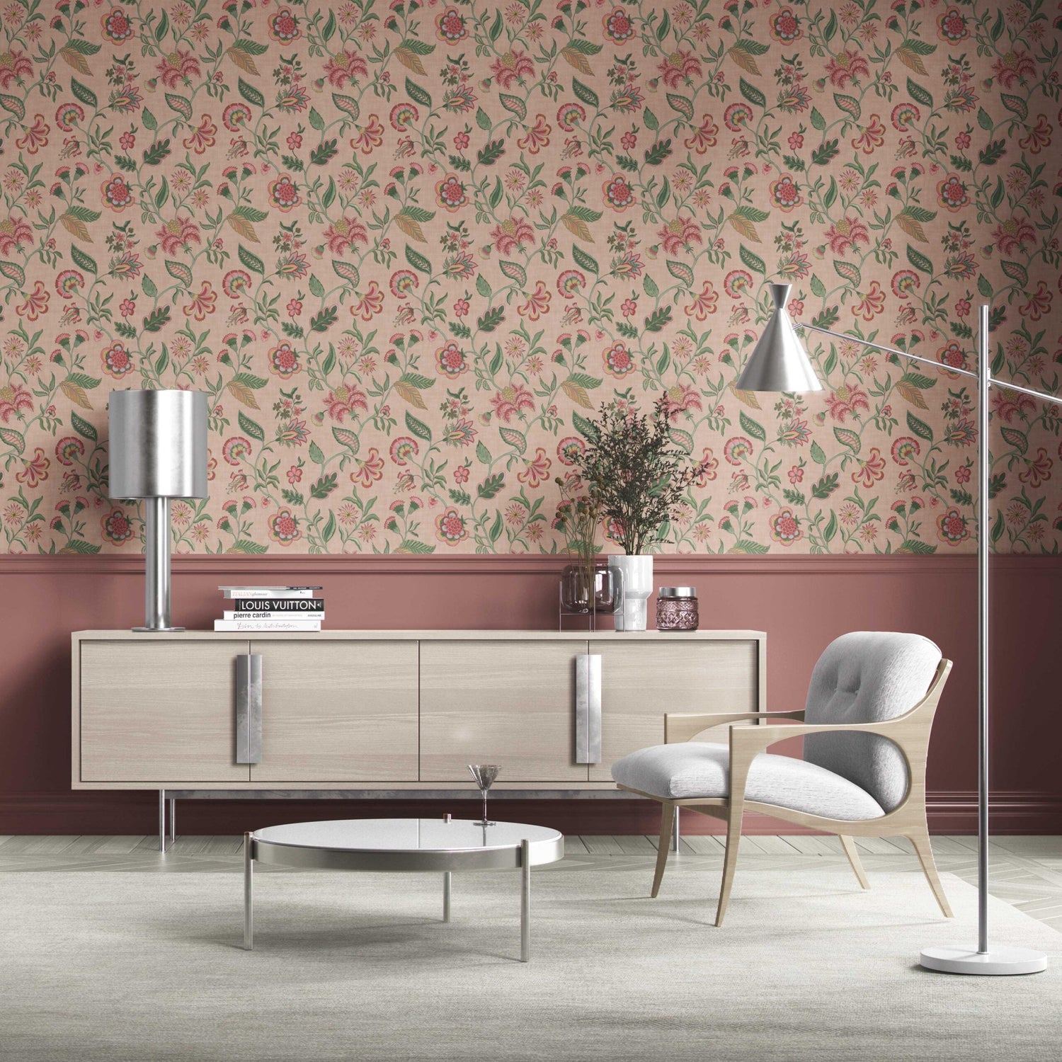 Botanical/ Floral Chinoiserie Kitchen Wallpaper (Blush Pink/ Green/ Red/ Blue)