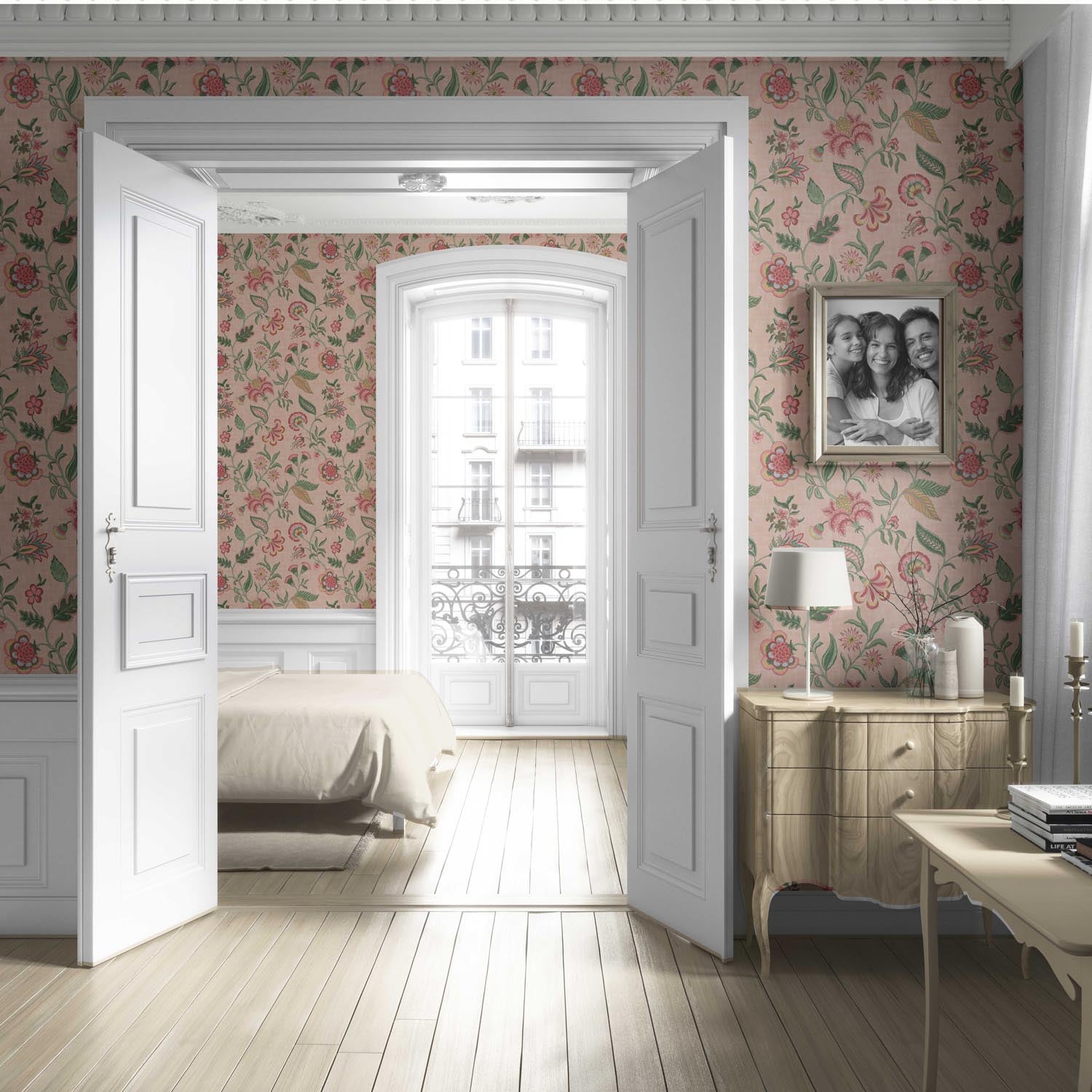 Botanical/ Floral Chinoiserie Living Room Wallpaper (Blush Pink/ Green/ Red/ Blue)